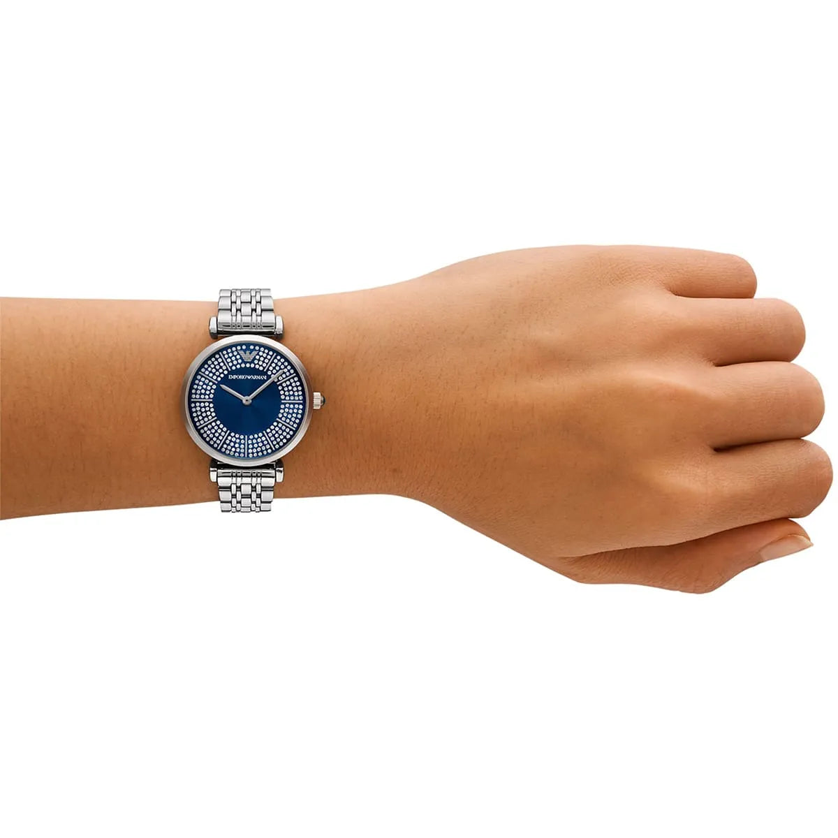 Montre Emporio Armani Gianni T-Bar pour femme, cadran bleu et bracelet en acier argenté - AR11627
