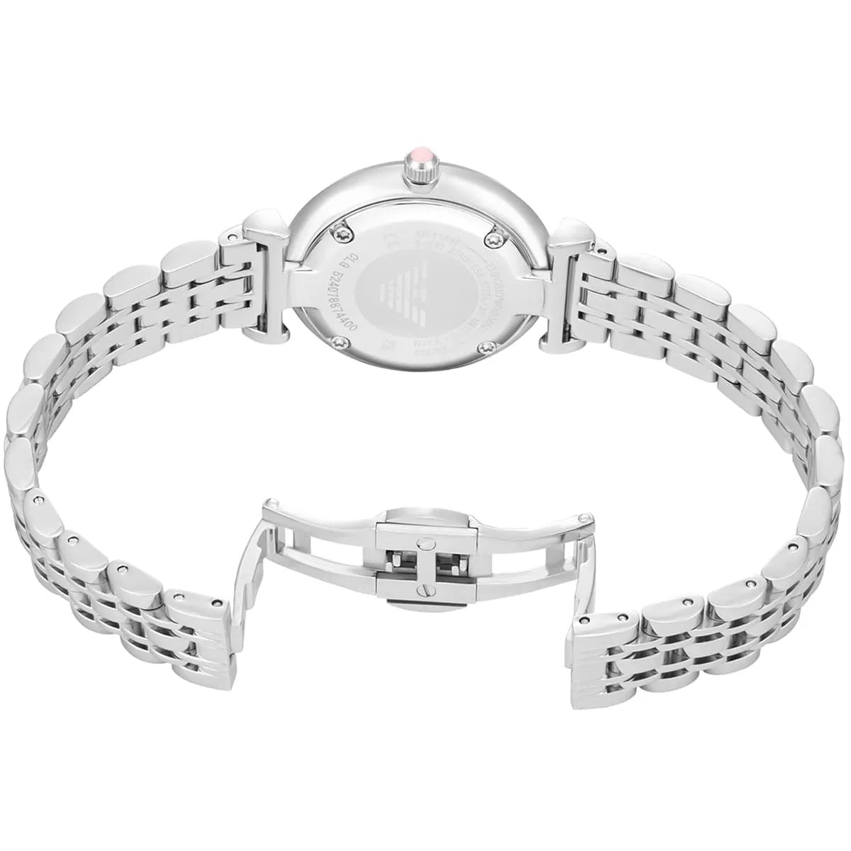 Montre Emporio Armani Gianni T-Bar pour femme, cadran rose et bracelet en acier argenté - AR11686