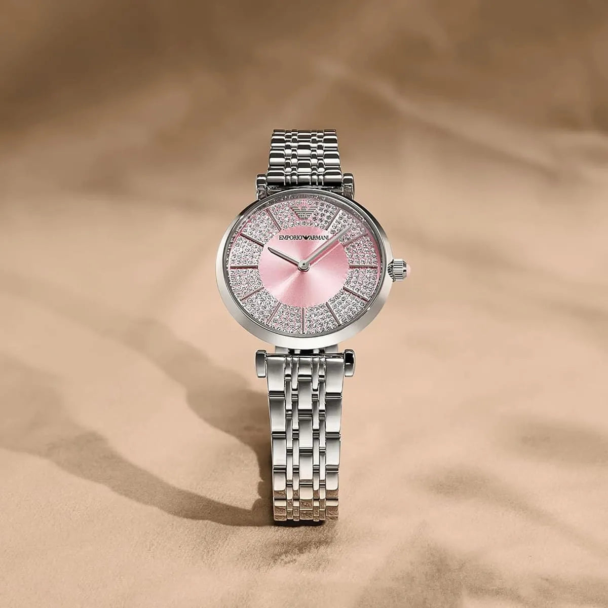 Montre Emporio Armani Gianni T-Bar pour femme, cadran rose et bracelet en acier argenté - AR11686