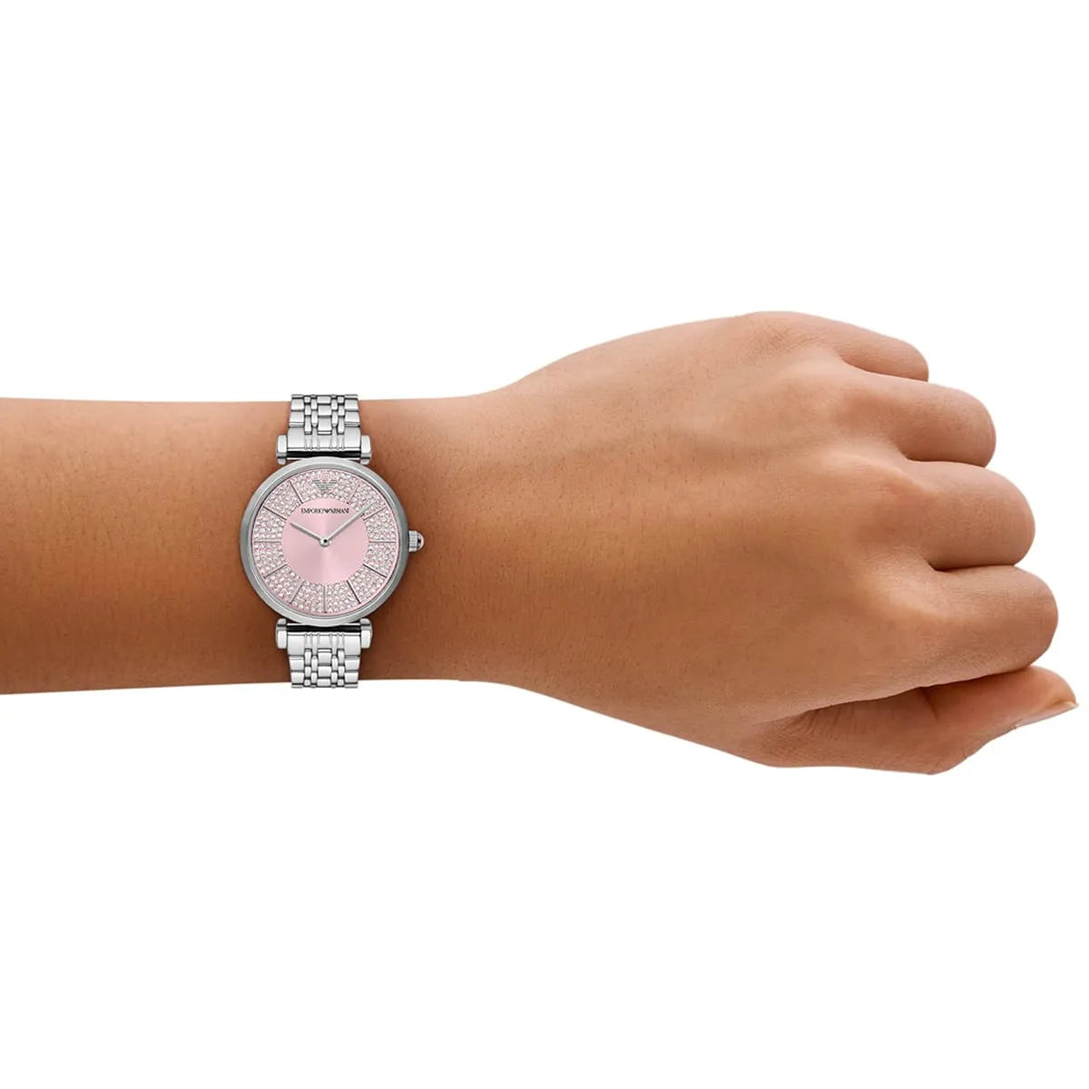 Montre Emporio Armani Gianni T-Bar pour femme, cadran rose et bracelet en acier argenté - AR11686