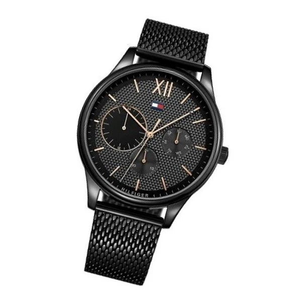 Tommy Hilfiger Damon Quartz Cadran noir Bracelet en maille noire Tommy Hilfiger