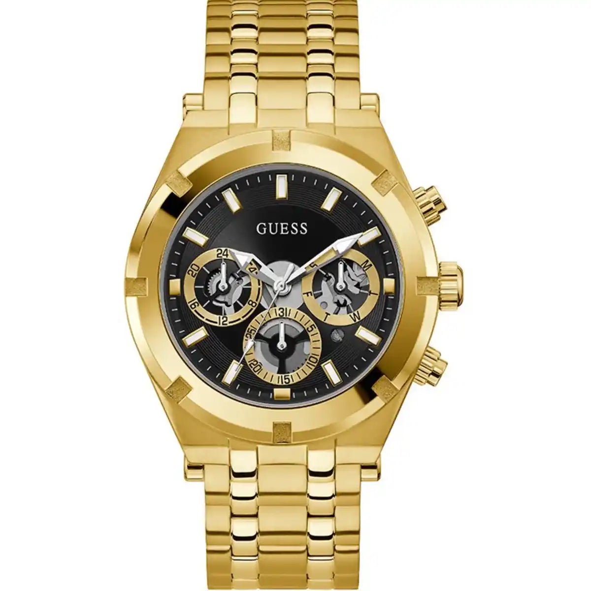 Montre Homme Guess Doré 44mm Boîtier GW0260G2 Cadran Noir Bracelet en Acier Inoxydable Doré Multifonction Guess