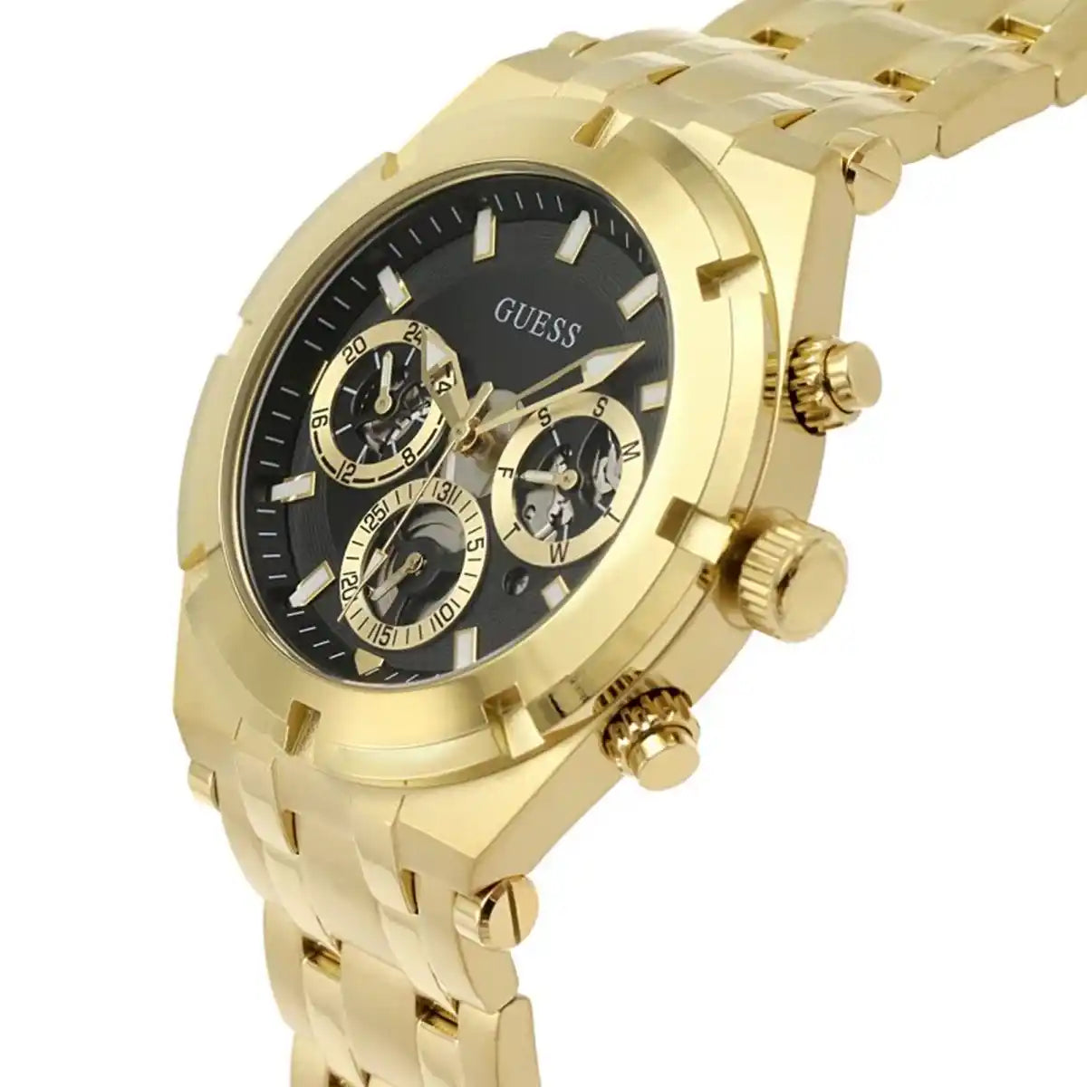 Montre Homme Guess Doré 44mm Boîtier GW0260G2 Cadran Noir Bracelet en Acier Inoxydable Doré Multifonction Guess