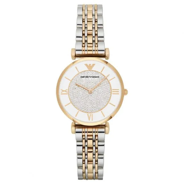 Montre Emporio Armani Gianni T Bar analogique avec cadran blanc et bracelet en acier bicolore AR2076