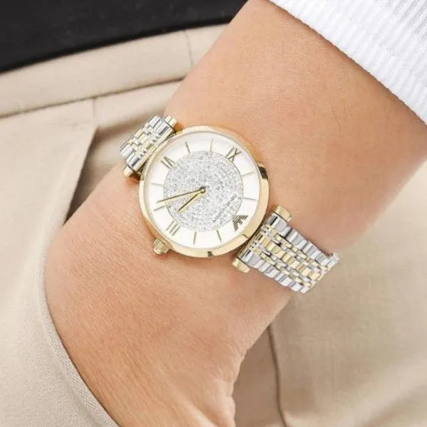 Montre Emporio Armani Gianni T Bar analogique avec cadran blanc et bracelet en acier bicolore AR2076