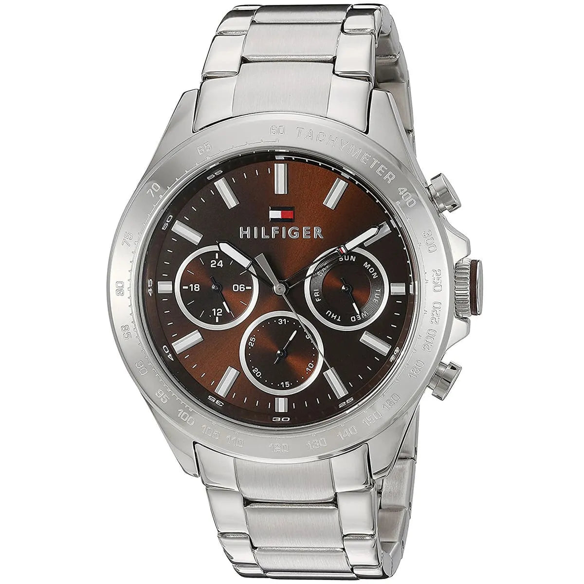Montre Tommy Hilfiger Hudson chronographe à quartz avec cadran marron et bracelet en acier argenté 1791229