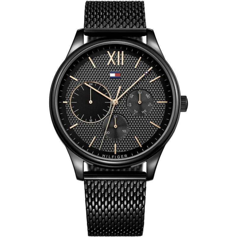 Tommy Hilfiger Damon Quartz Cadran noir Bracelet en maille noire Tommy Hilfiger