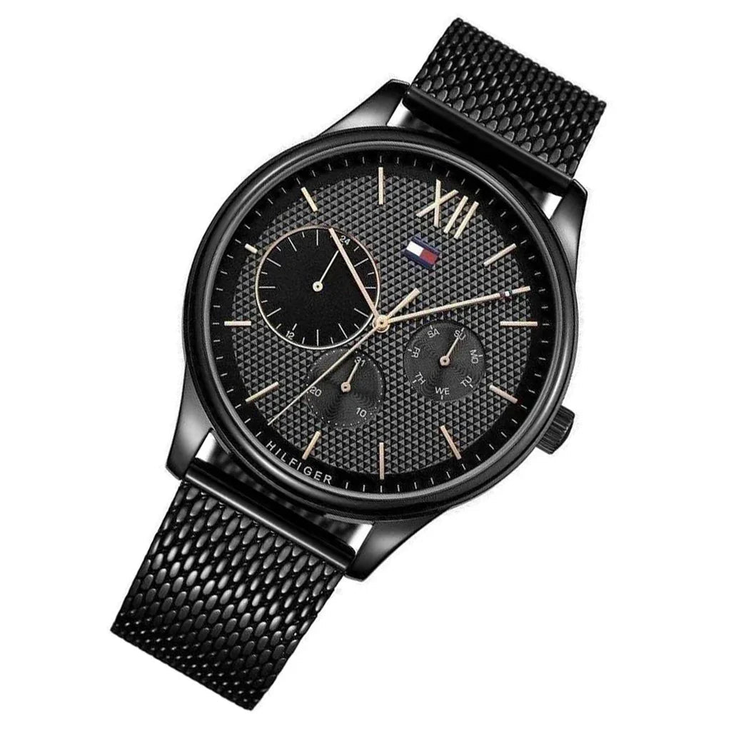 Tommy Hilfiger Damon Quartz Cadran noir Bracelet en maille noire Tommy Hilfiger