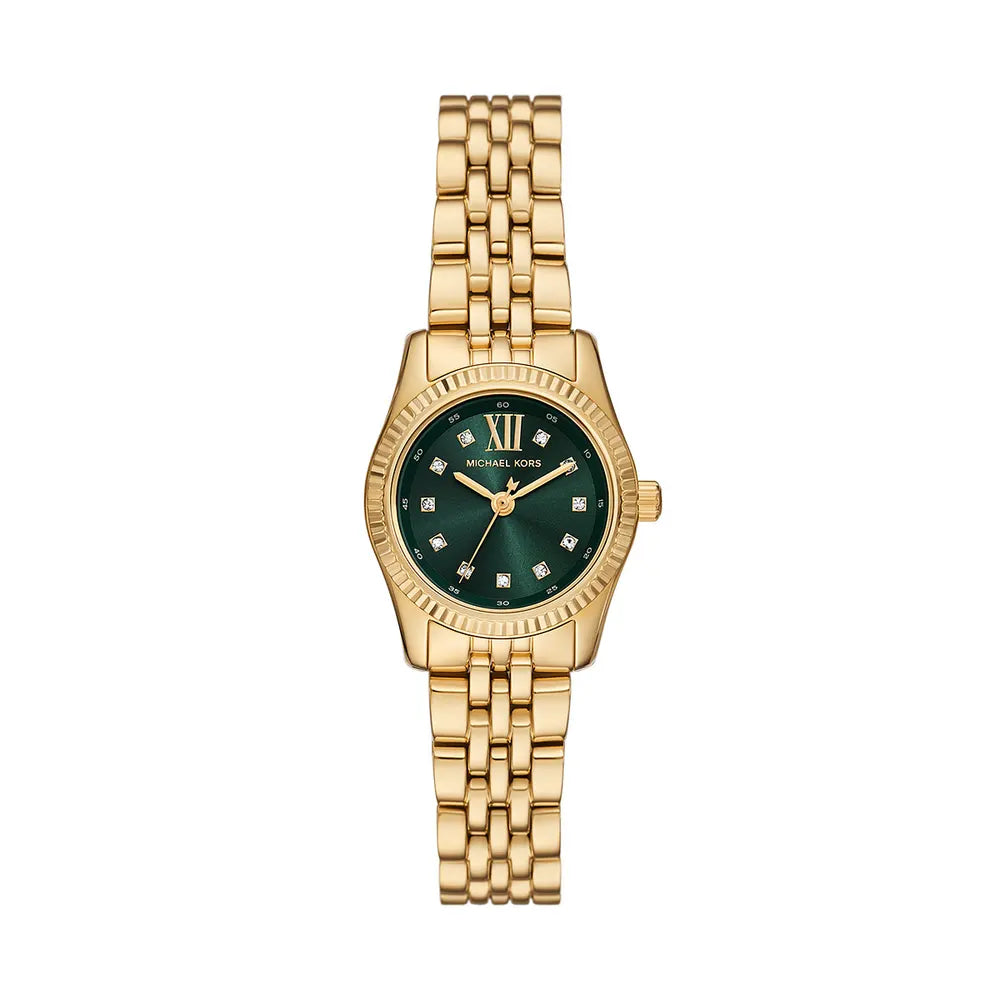 Montre Michael Kors Lexington Pave à trois aiguilles avec cadran vert et bracelet en acier doré pour femme - MK4842