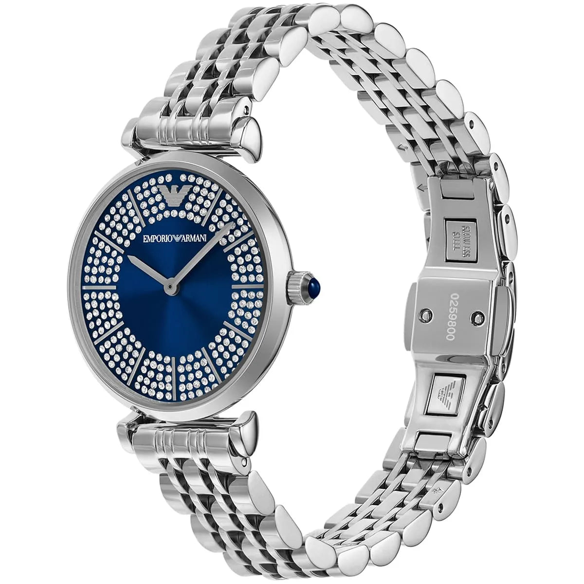 Montre Emporio Armani Gianni T-Bar pour femme, cadran bleu et bracelet en acier argenté - AR11627
