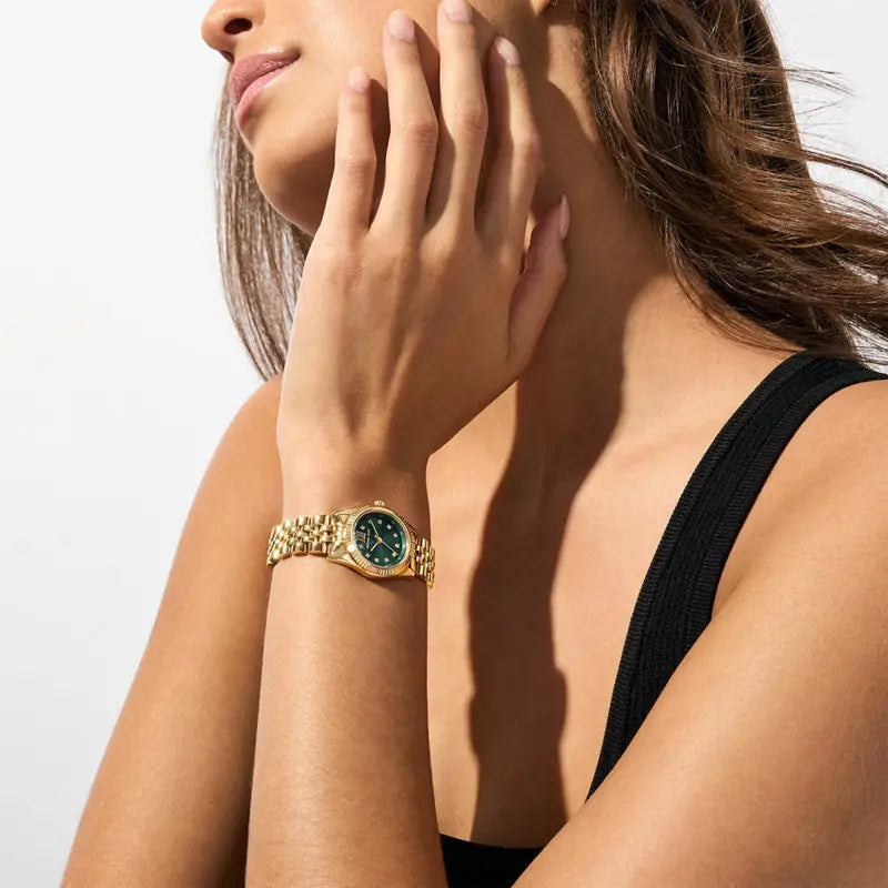 Montre Michael Kors Lexington Pave à trois aiguilles avec cadran vert et bracelet en acier doré pour femme - MK4842