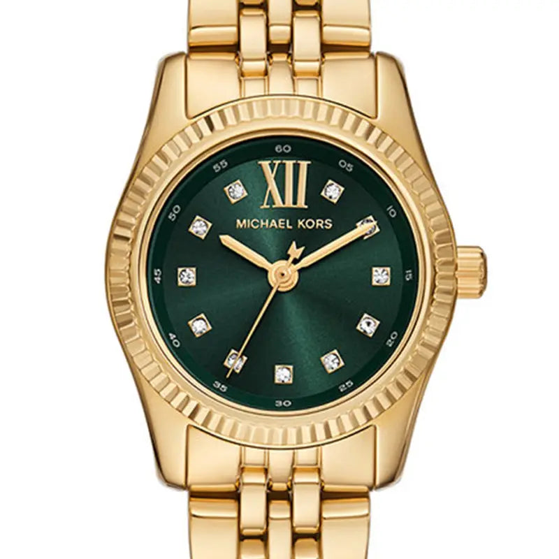 Montre Michael Kors Lexington Pave à trois aiguilles avec cadran vert et bracelet en acier doré pour femme - MK4842