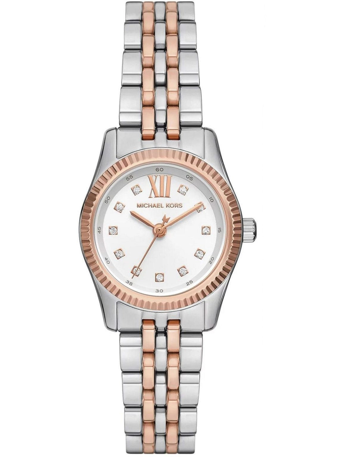 Montre Michael Kors Lexington à trois aiguilles avec cadran blanc et bracelet en acier bicolore 4817
